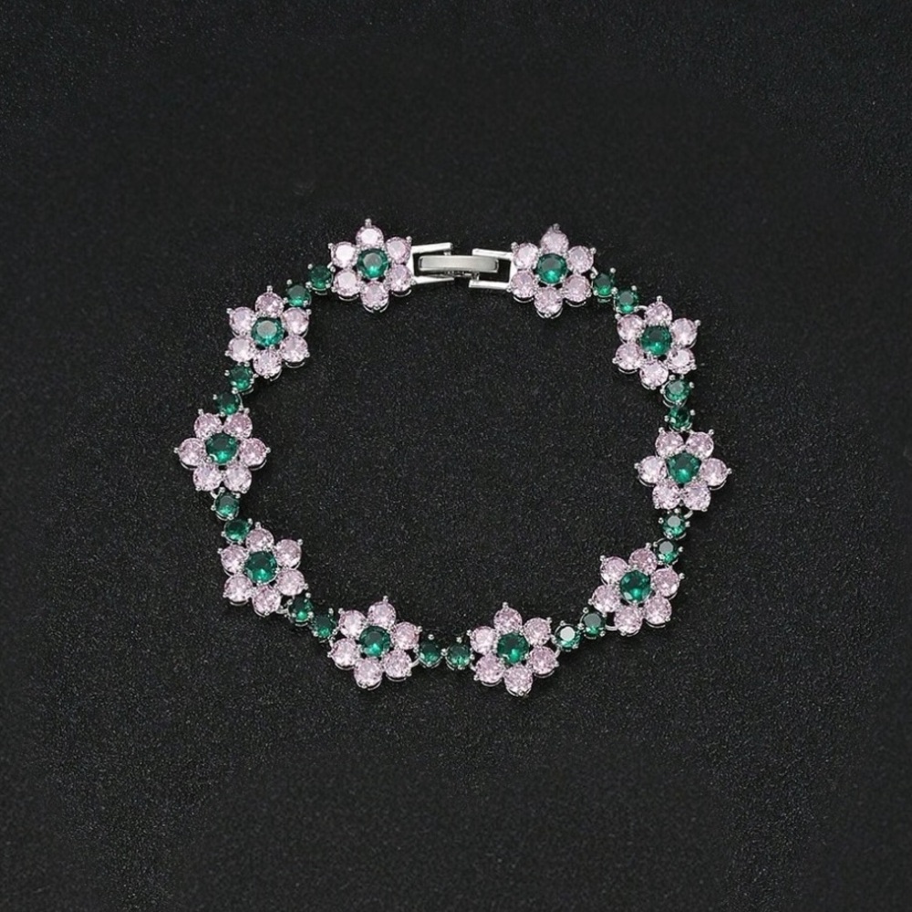 Elegant Floral Silver Pink Green Bracelet